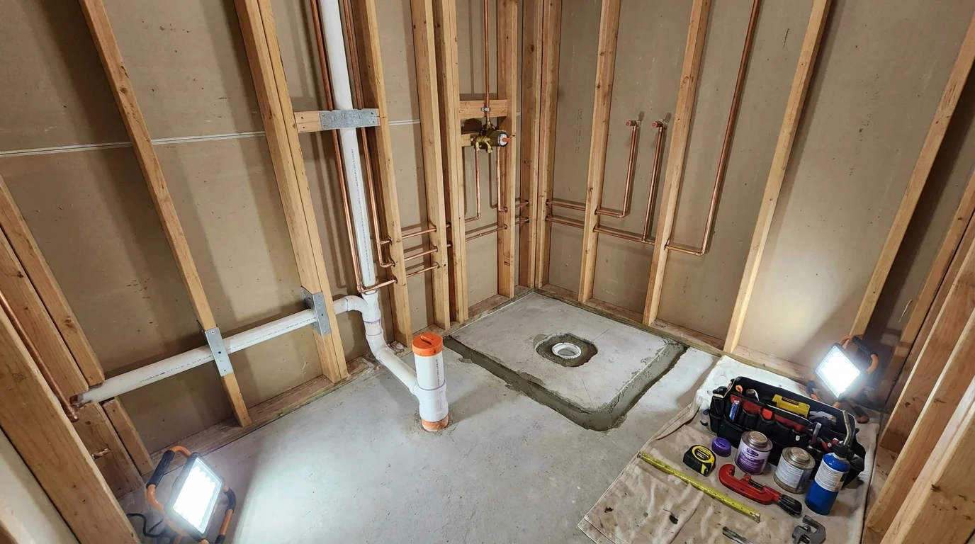 Bathroom rough-in plumbing during remodel by Johns Plumbing LLC in Wood Dale