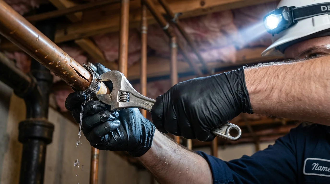 Emergency pipe clamp repair being performed by a Johns Plumbing LLC plumber in Wood Dale