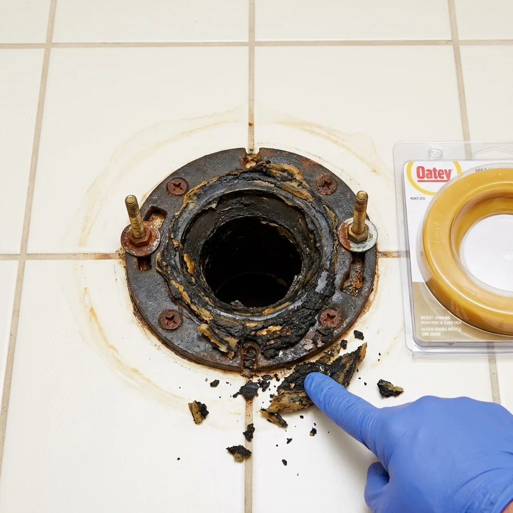 Failed wax ring showing water seepage at the base of a toilet in a Wood Dale, IL home
