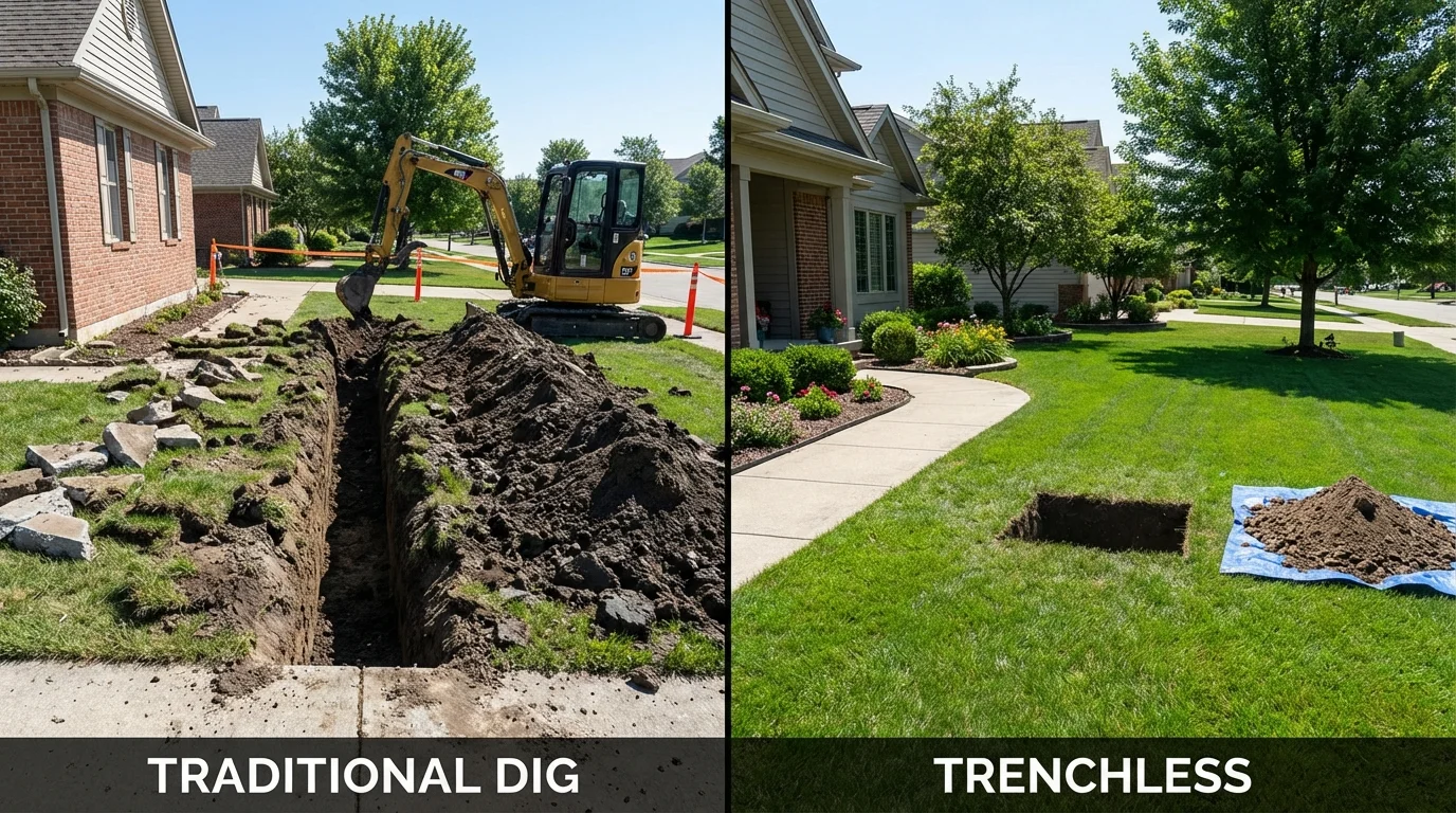 Trenchless sewer repair with minimal yard damage versus traditional excavation in Wood Dale, IL