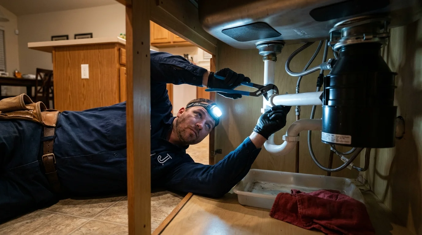 P-trap and supply line connections under a kitchen sink showing a common leak point in Wood Dale, IL